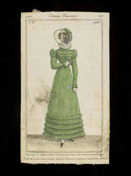 Unknown, Chapeau de crêpe, orné d'une couronne de rubans découpés. Robe de merinos ornée de bouillons de mérinos et de brandebourgs