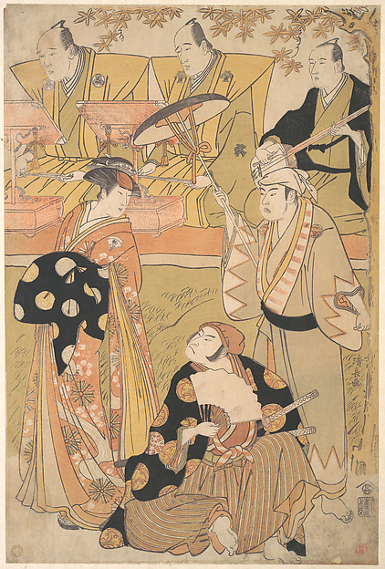 Torii Kiyonaga, Onoe Matsusuke I as an Oiran Stands at the Left, Talking to Nakamura Nakazo I as a Samurai