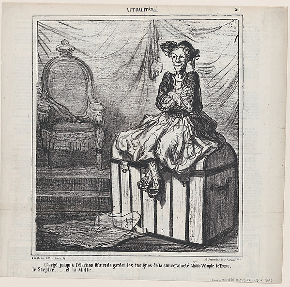 Honoré Daumier, Entrusted with guarding the Insignia of Wallachian sovereignty until the forthcoming election: the throne, the sceptre... and the trunk., from "News of the day"