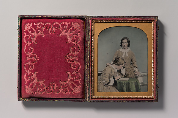 Unknown, [Two Women Wearing Striped Dresses, One Standing, the Other Seated]