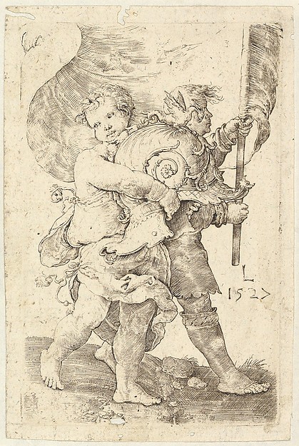 Lucas van Leyden, Two Boys with a Helmet and Standard