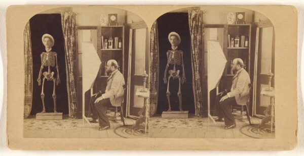 Unknown, [Bald, bearded man seated gazing at a human skeleton with a superimposed man's head wearing a straw hat]