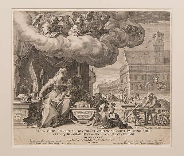 Johann Sadeler I, The Holy Family with the Church of Saint Michael in Munich under Construction