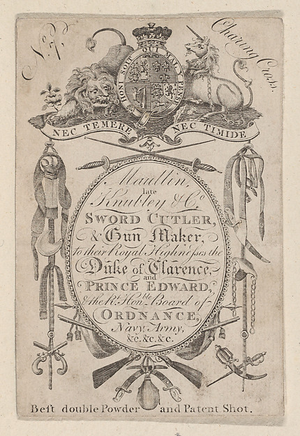 Anonymous, British, late 18th–early 19th century, Trade Card Bearing the Name of the Late Gunmaker John Knubley (1750–1795)