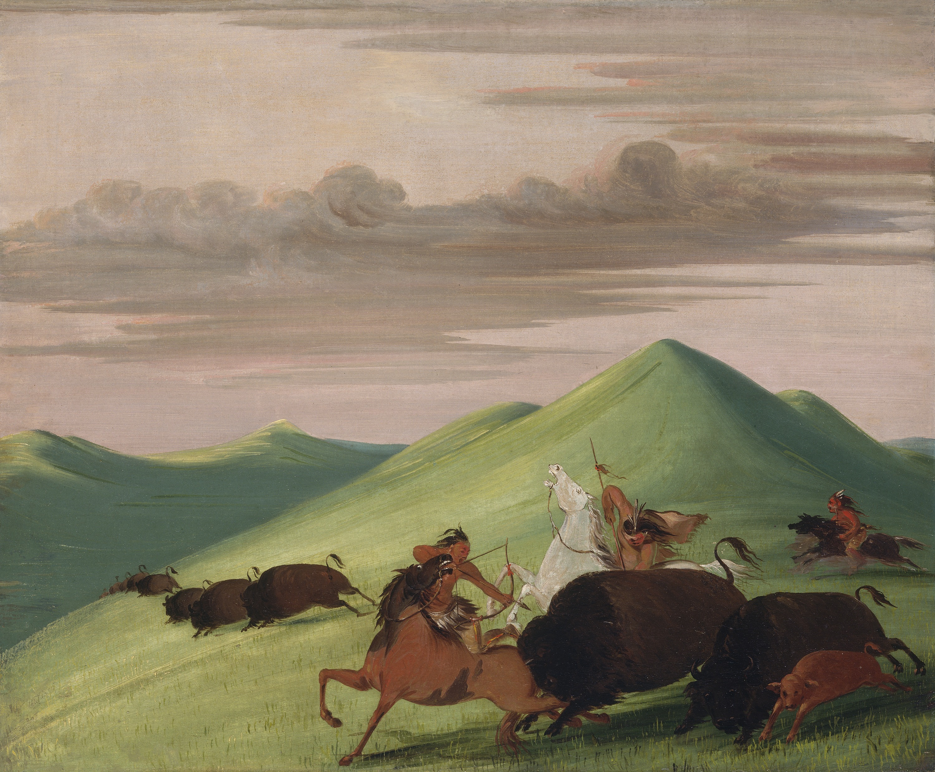 George Catlin, Buffalo Chase, Bull Protecting a Cow and Calf