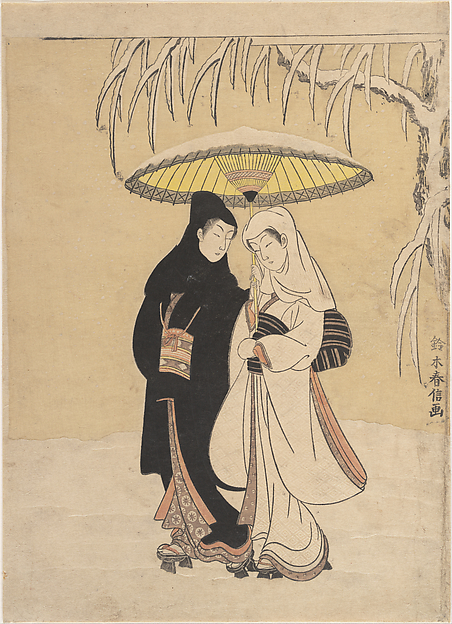 Suzuki Harunobu, Lovers Walking in the Snow (Crow and Heron)