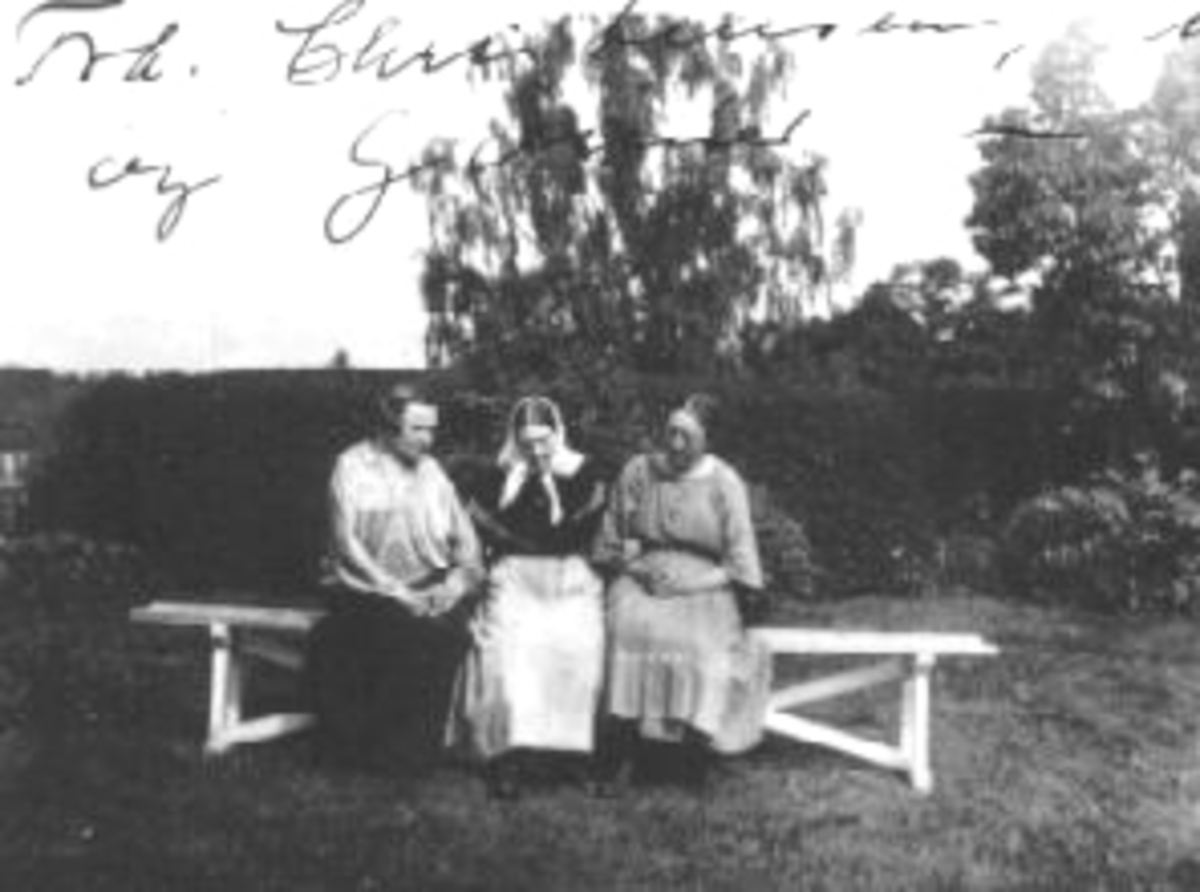 Anno Domkirkeodden, Tre damer på benk i hage. Frøken Christiansen, mor, Gønner, Sveinhaug, Ringsaker.