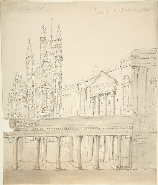 Anonymous, British, 19th century, View of the Abbey and Great Pump Room at Bath, Through the Colonnade Added by Thomas Baldwin, 1786-9