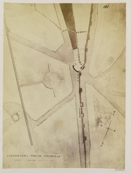 Parker, John Henry, Aqueducts - Plan of the Porta Tiburtina, now S. Lorenzo, with the neighbourhood, shewing the line of the Aqueducts and remains of the Reservoirs of the Tepula and Julia in the Wall of Rome.