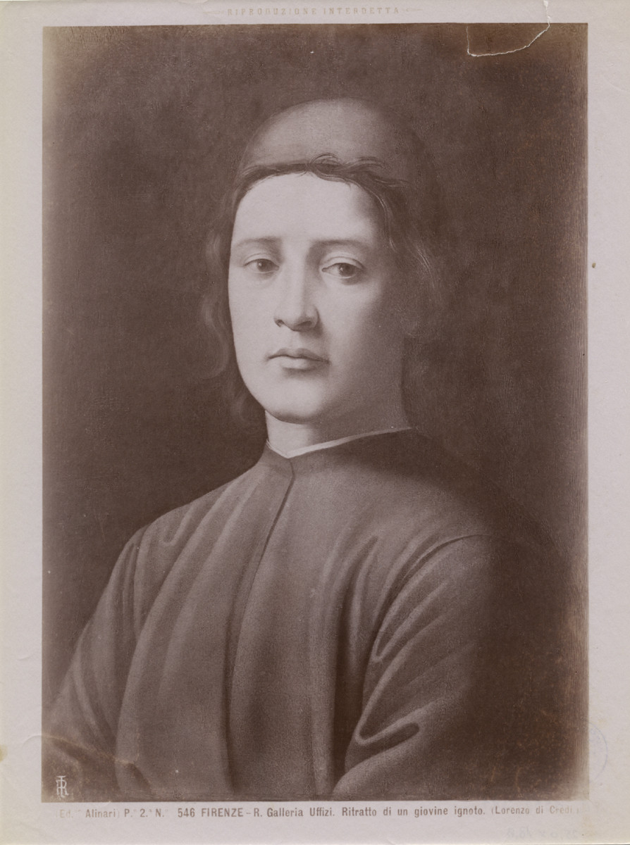 Fratelli Alinari, Lorenzo di Credi: Porträt eines jungen Mannes mit roter Kappe, Galleria degli Uffizi, Florenz