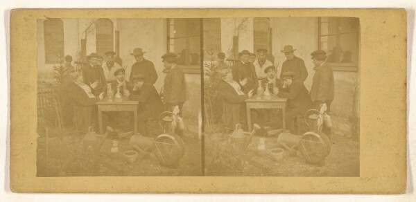 Unknown, [Men around a table outside, decanters on top]