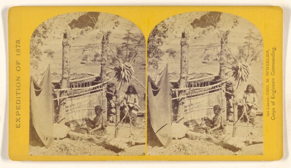 Timothy H. O'Sullivan, Aboriginal life among the Navajo Indians, Canon de Chelle, New Mexico. Squaw weaving blankets. The native loom...
