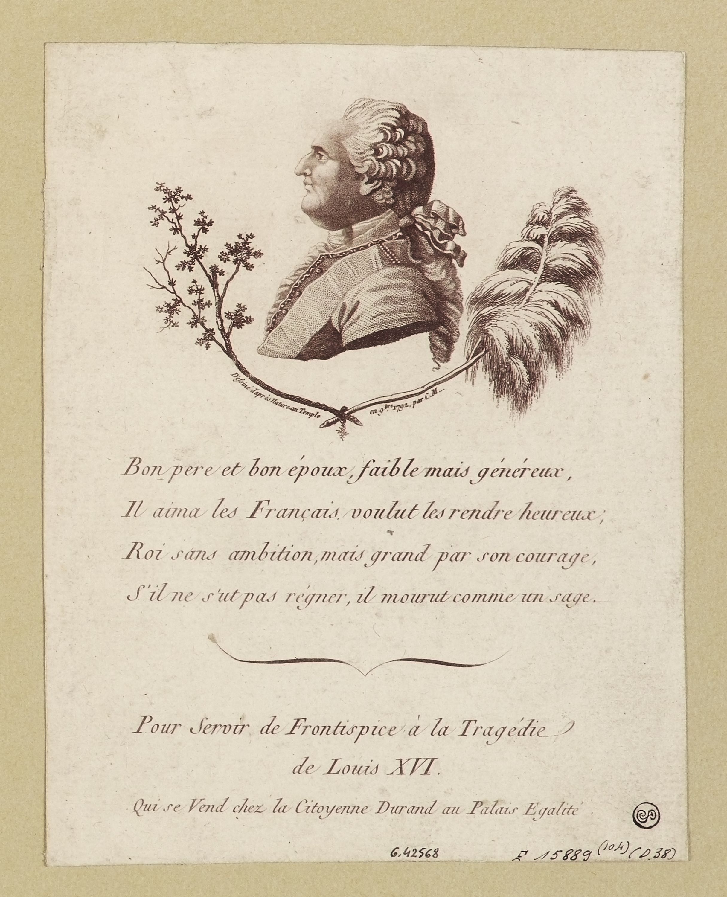 Anonyme, Portrait du profil gauche de Louis XVI entre deux branches de feuillage