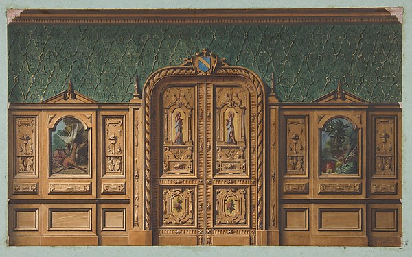 Jules-Edmond-Charles Lachaise, Design for a room with wood panels inset with paintings and a heavily-carved double door