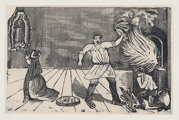 José Guadalupe Posada, Woman praying to the Virgin of Guadalupe as her husband rages