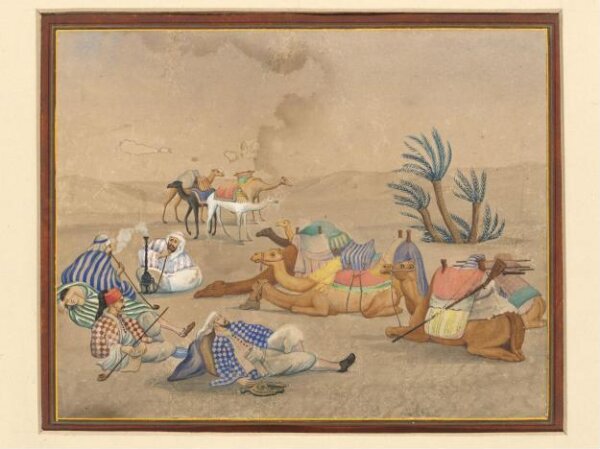 Unknown, A caravan with camels resting at an oasis in the desert.