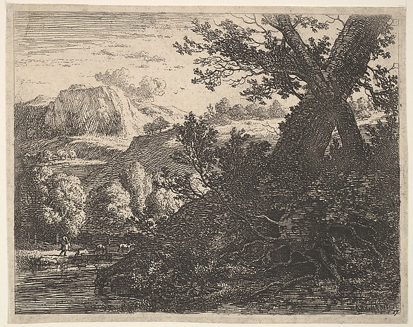 Karel Dujardin, Tree with roots laid bare alongside a stream, a hilly landscape and a man walking behind quadrupeds beyond