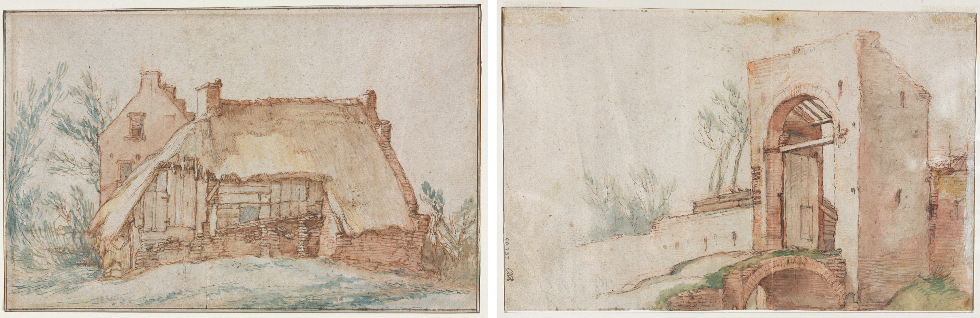 Abraham Bloemaert, Peasant's Cottage (recto); Bridge and Gate (verso)