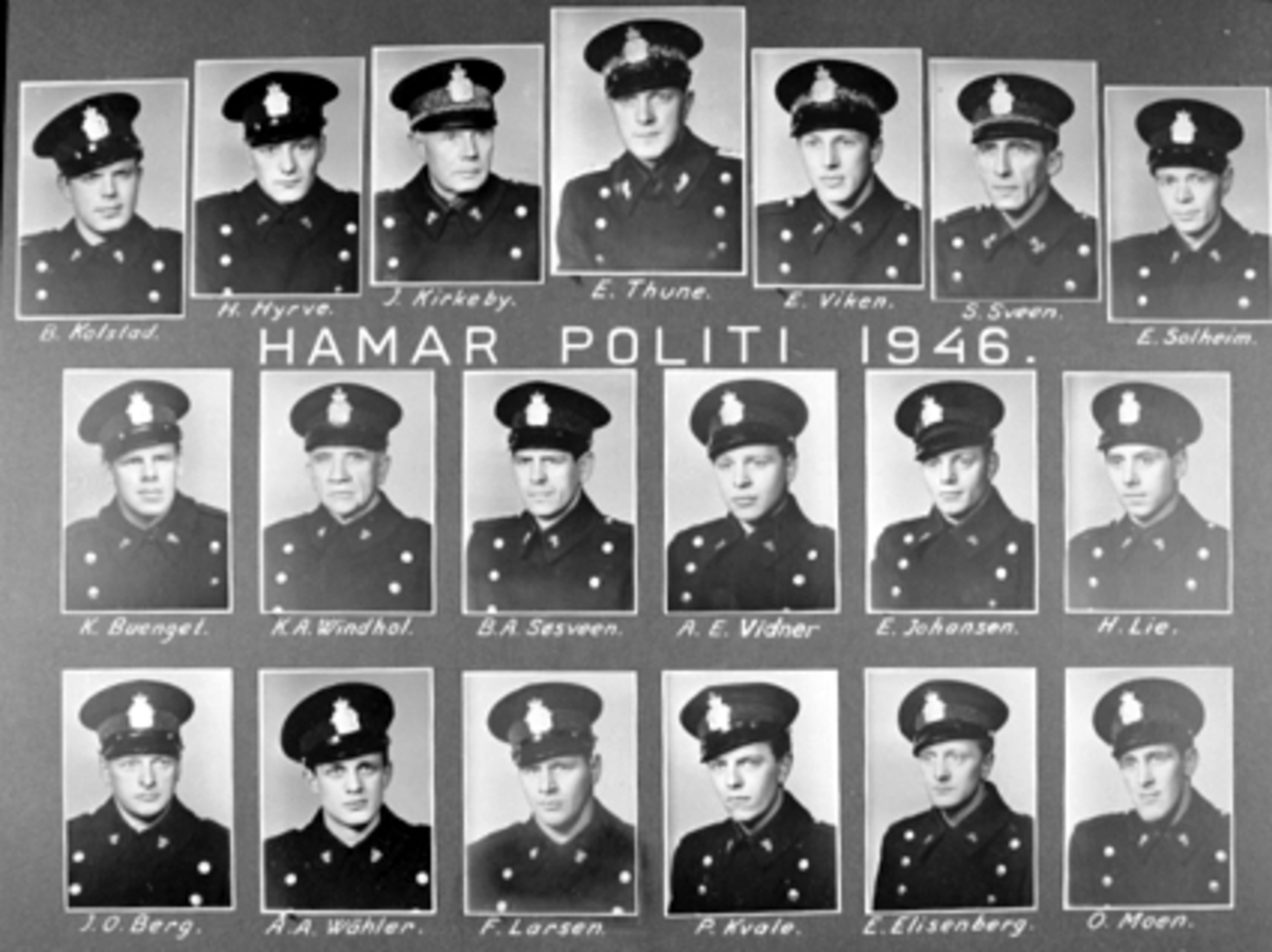 Anno Domkirkeodden, GRUPPE PORTRETTER 19 POLITIMENN, NAVN UNDER ALLE FOTO