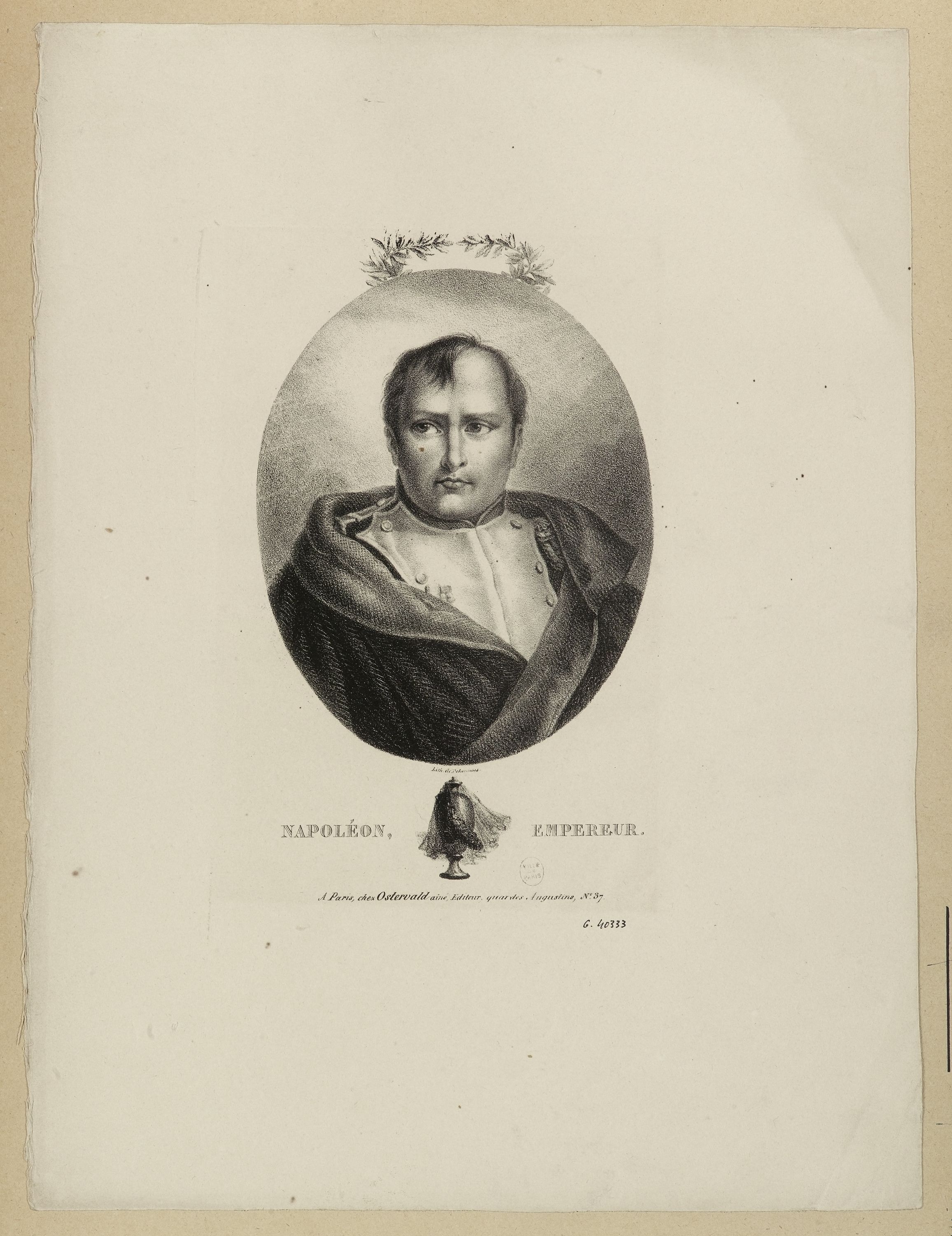 Anonyme, Napoléon, empereur. [portrait en médaillon, tête nue, couronné d’olivier, dans le titre vignette montrant une urne funéraire]