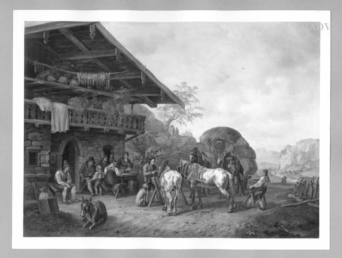Heinrich Bürkel, hay carriage in front of a peasant-house