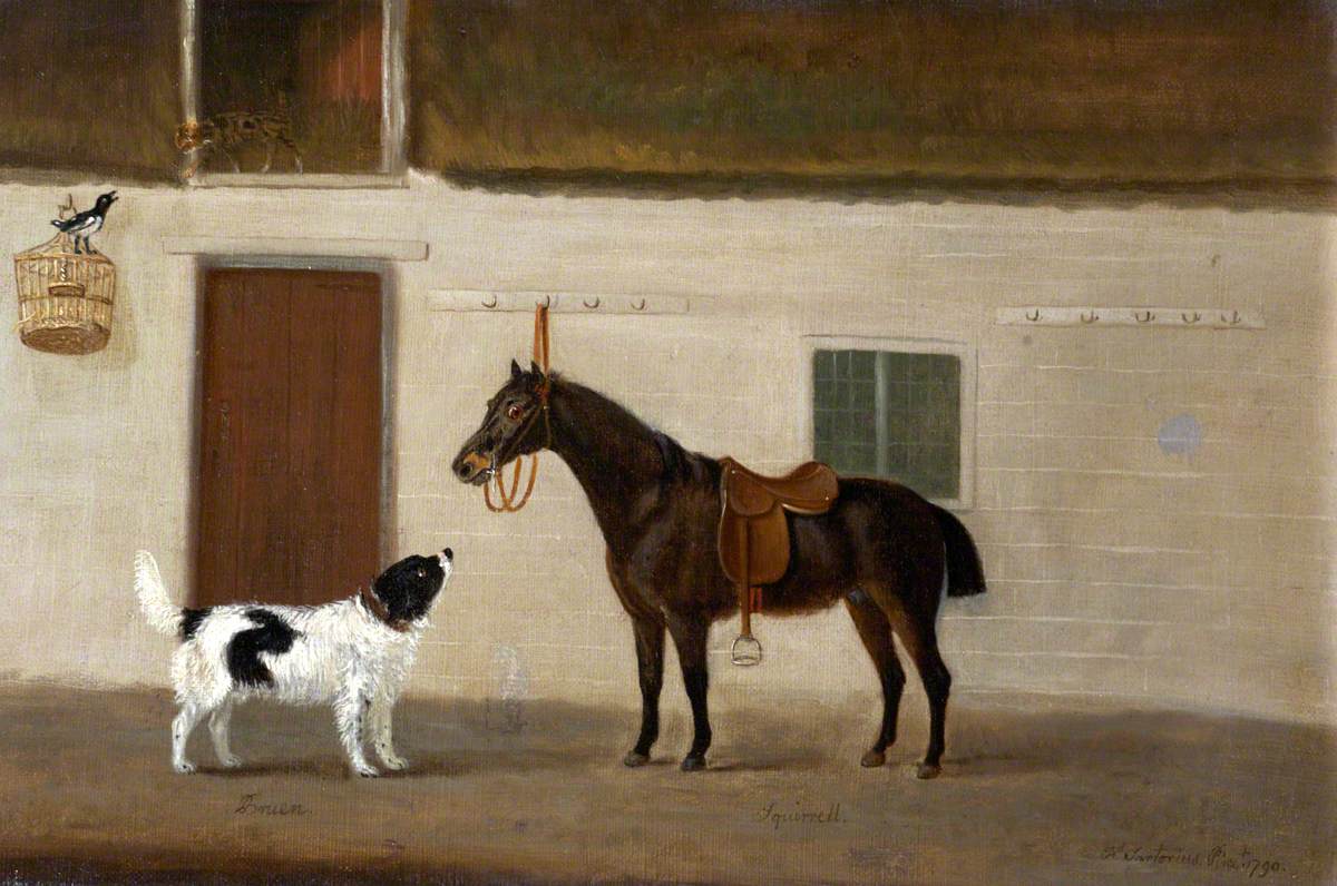 Francis Sartorius, 'Bruen', a Spaniel and 'Squirrel', a Black Horse, with a Magpie