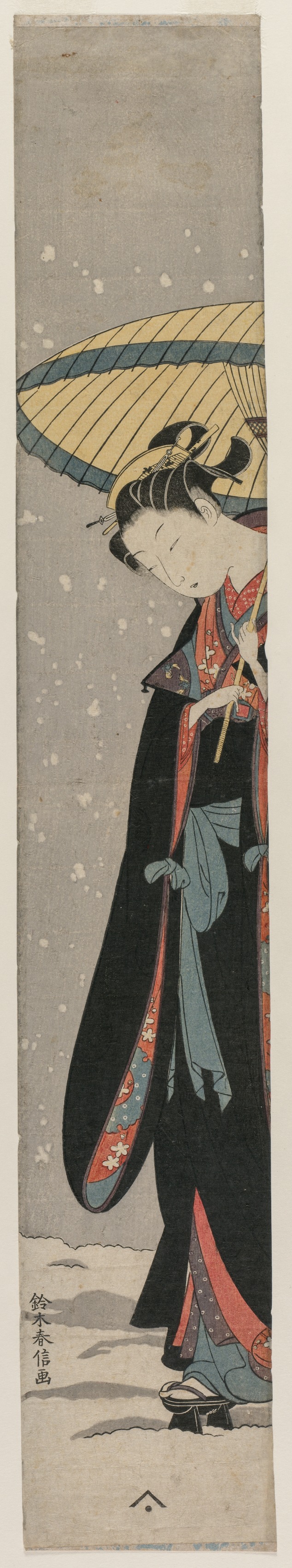 Suzuki Harunobu, Young Woman Walking in Snow with Umbrella