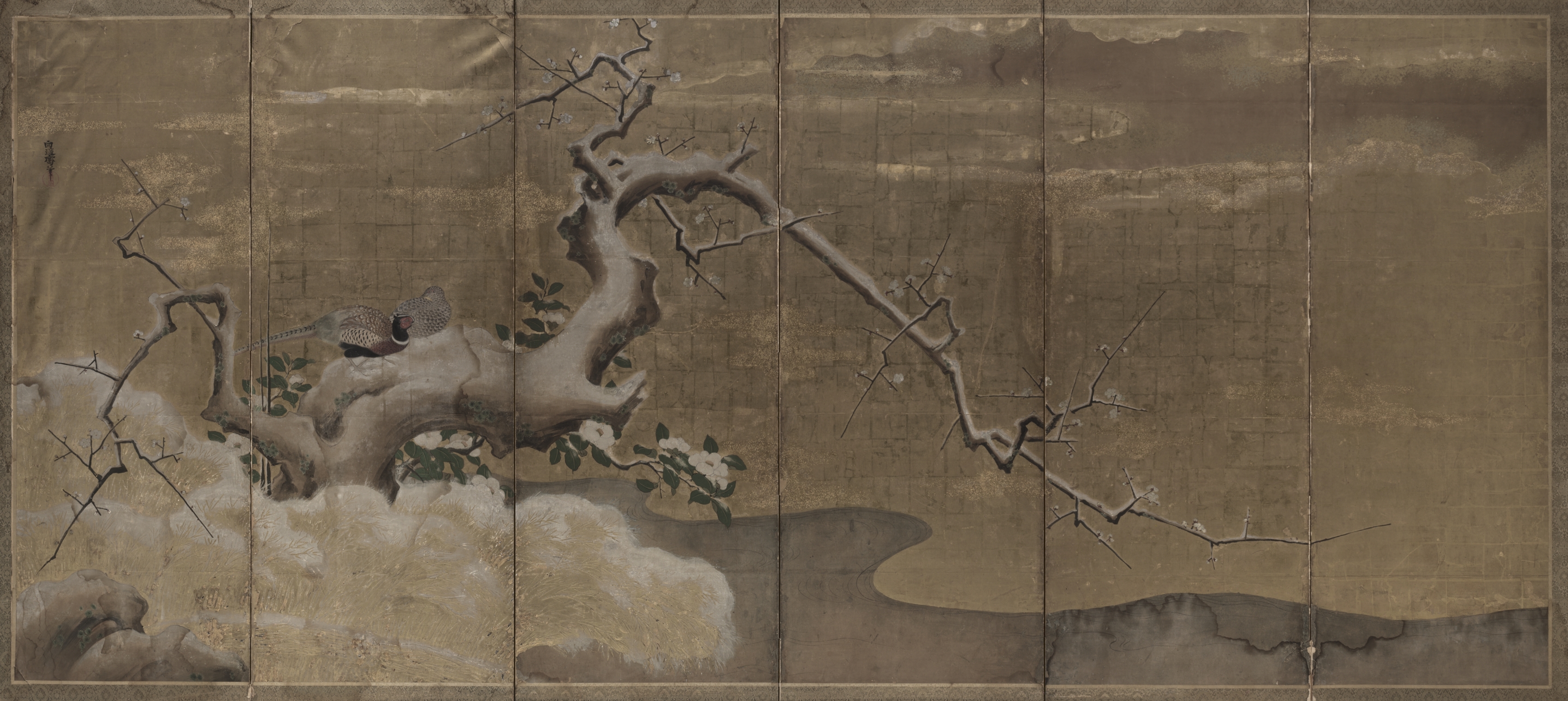Kano Naonobu, Winter Scene with Plum Trees and Pheasants (Birds Right)