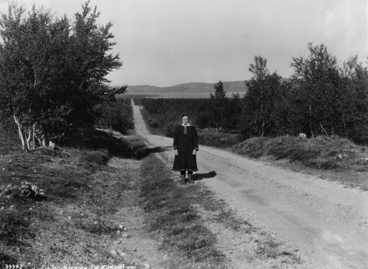 Anders Beer Wilse, En kvinne på Finnmarksveien ned mot Porsangerfjorden.