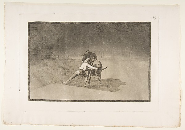 Goya (Francisco de Goya y Lucientes), Plate 15 from "La Tauromaquia": The famous Martincho places the banderillas playing the bull with the movement of his body