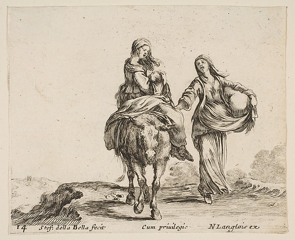 Stefano della Bella, A young peasant woman and her child sitting side saddle atop a horse in center, another peasant woman to right, holding a large bag in her left arm, plate 14 from "Diversi capricci"