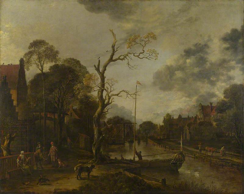 Aert van der Neer, A View along a River near a Village at Evening