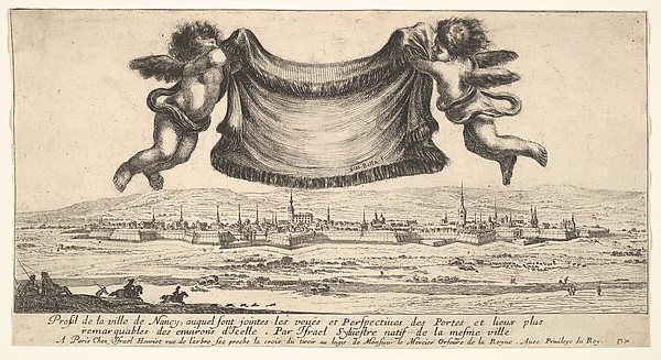 Stefano della Bella, The villa at Nancy in the background, two putti holding a drapery at top center, from "Various views of remarkable palaces in Italy and France" (Diverses vues d'endroits remarquables d'Italie et de France)