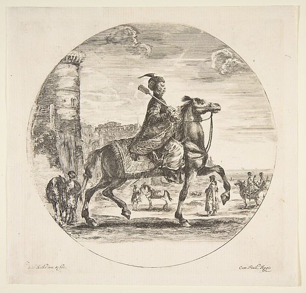 Stefano della Bella, Polish horseman in profile facing right, a tower and other figures on horses in background, a circular composition, from 'Figures on Horseback' (Cavaliers nègres, polonais et hongrois)