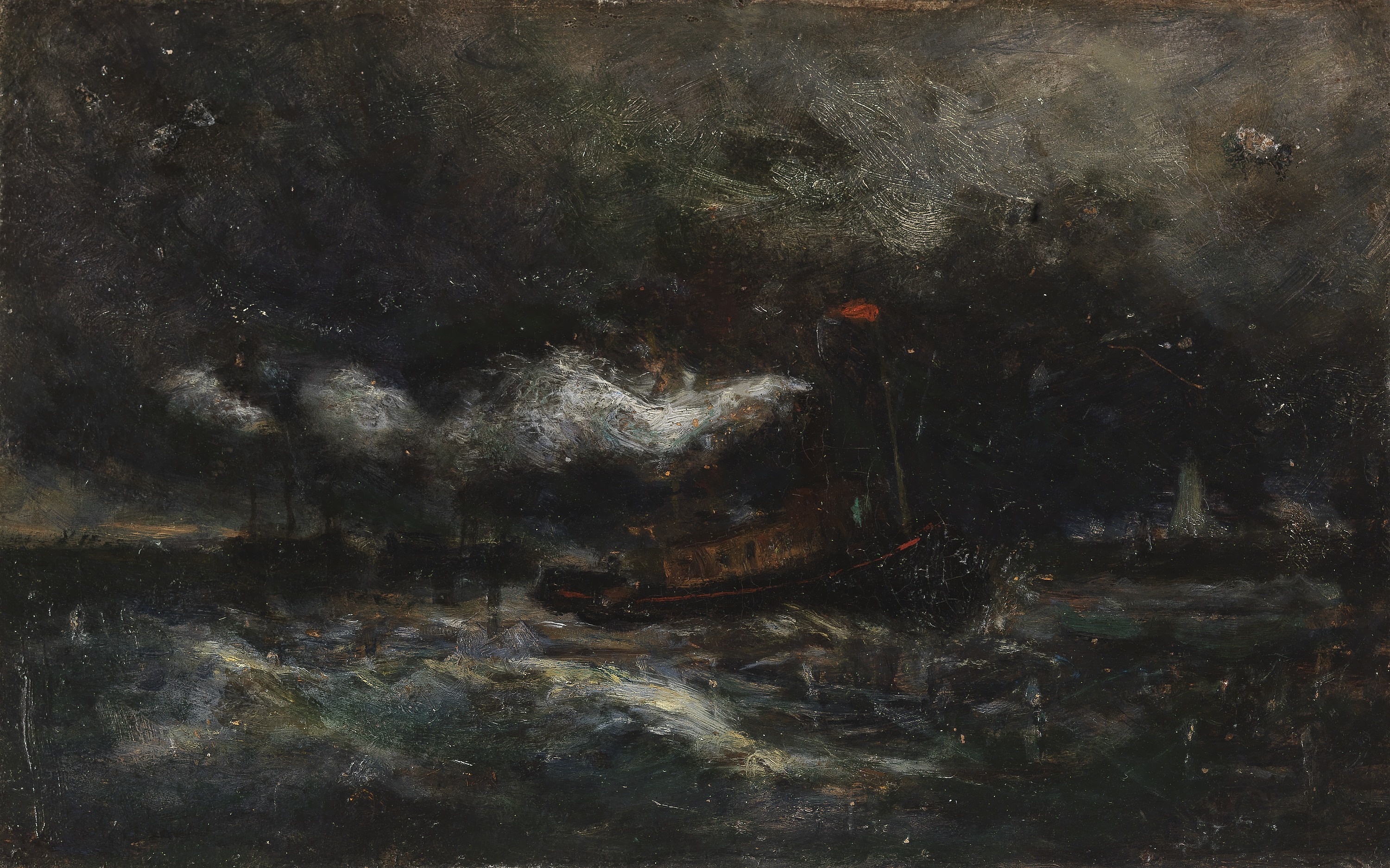 Edward Mitchell Bannister, Squall, Brenton Light (boat in storm, lighthouse in background)