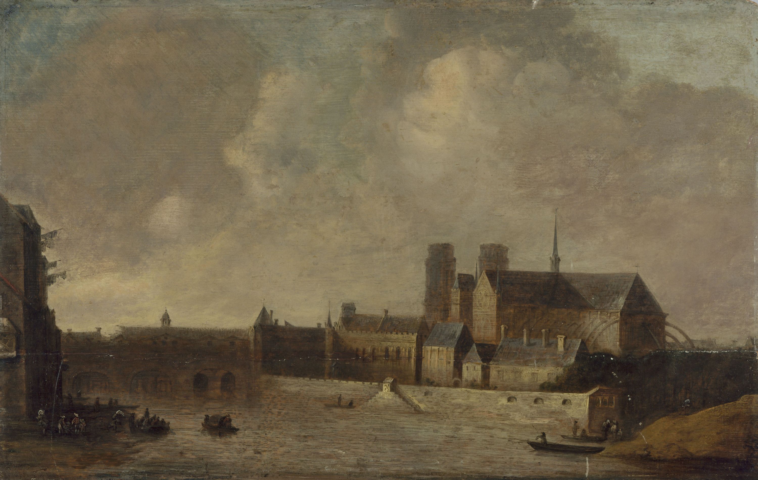 Anonyme, Notre-Dame et l'Archevêché, vus du quai de la Tournelle, vers 1640, actuel 4ème arrondissement.