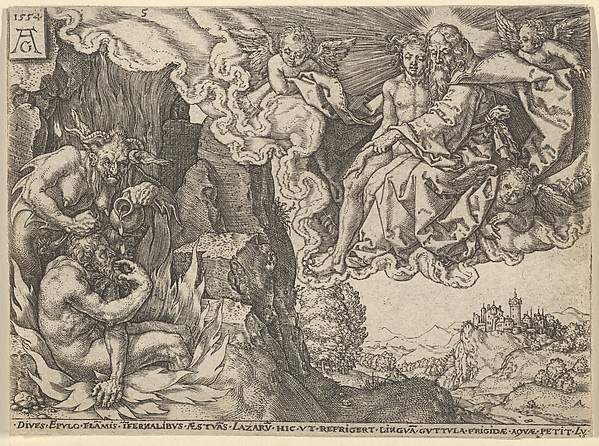 Heinrich Aldegrever, The Rich Man in Hell, Seeing Lazarus Embraced by Abraham, from "The Parable of the Rich Man and Lazarus"