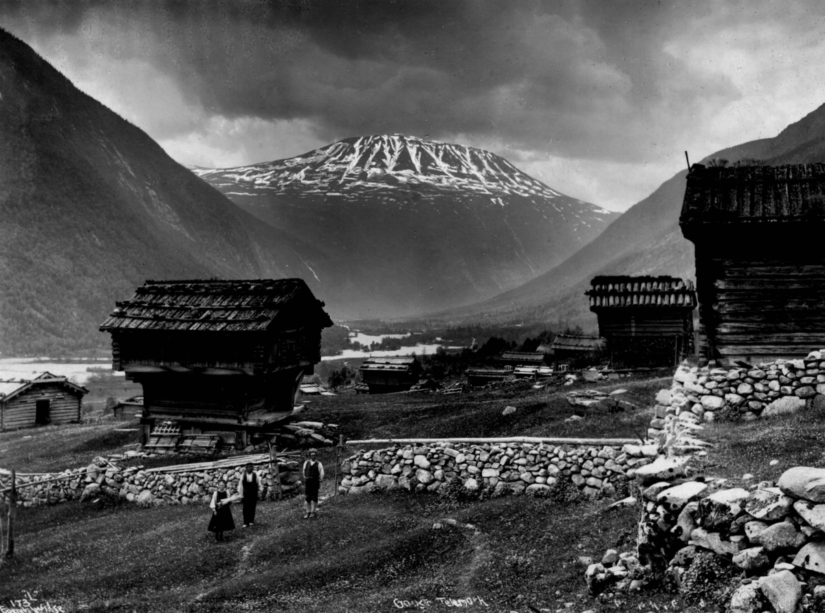 Anders Beer Wilse, Gaustatoppen i Måna i Vestfjorddalen. Bebyggelse i bunnen av dalen.