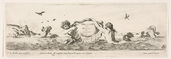 Stefano della Bella, Frieze with a Triton and Mermaid holding up a Shell, title page from "Decorative friezes and foliage" (Ornamenti di fregi e fogliami)