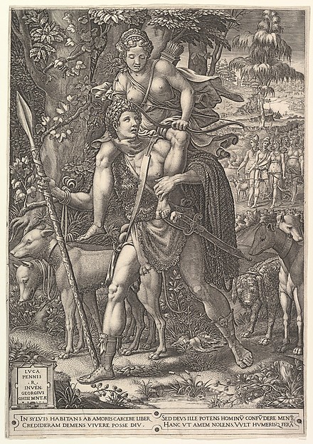 Giorgio Ghisi, Allegory of the Hunt; a hunter holding a large spear carrying a woman (Diana?) on his shoulders; five hunting dogs in the foreground and a retinue of male and female hunters in the background