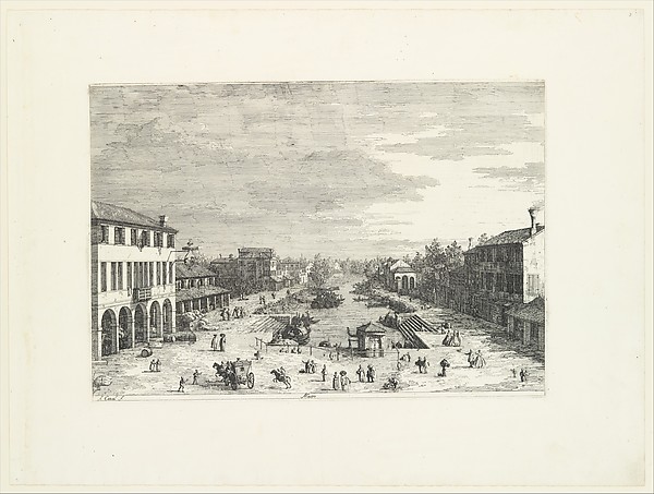 Canaletto (Giovanni Antonio Canal), View of Mestre, an inn at left and other various buildings lining the canal, from "Views" (Vedute altre prese da i luoghi altre ideate da Antonio Canal)