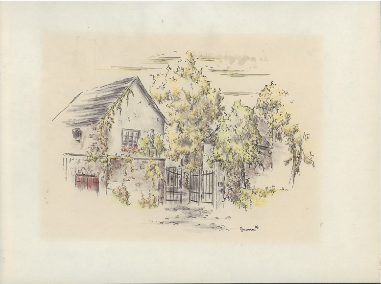 Corinna Janssen, Colorierte Federzeichnung mit Motiv Eingang zur Burg in Bad Bodendorf