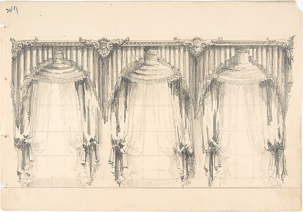 Anonymous, British, 19th century, Design for Fringed, Pelmeted Curtains Hanging at Three Widows