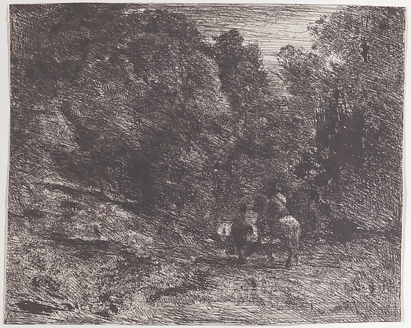 Camille Corot, Two Travelers in a Forest (Le Cavalier en forêt et le piéton)