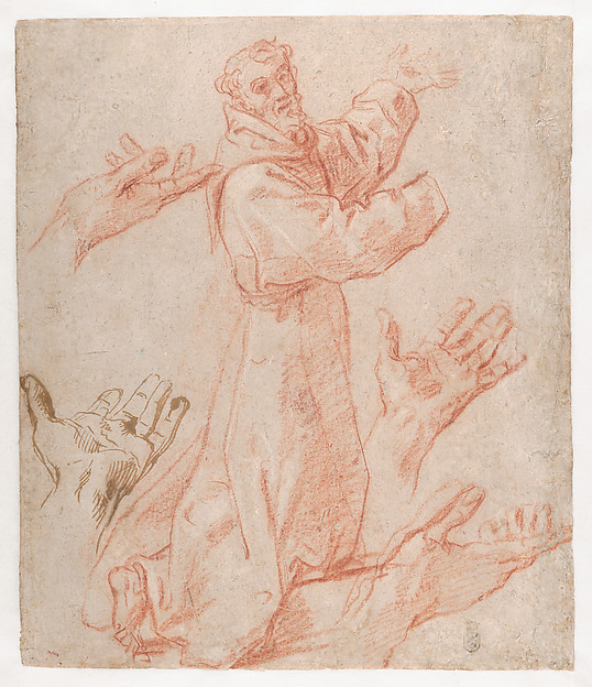 Annibale Carracci, Studies for a Figure of Saint Francis Kneeling in a Three-Quarter View and for His Hands (recto); Studies for a Figure of Saint Francis Kneeling in Profile (verso)