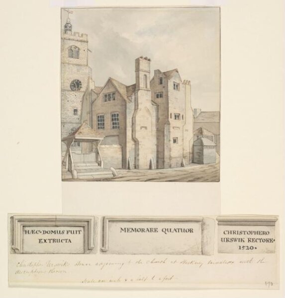 Unknown, Christopher Urswick's House adjoining the Church at Hackney, Middlesex, with the inscriptions thereon