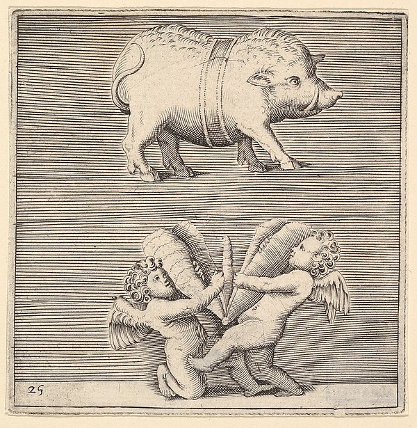 Anonymous, Italian, 16th century, A Belted Pig and Two Cupids (or Geniuses) with a Butterfly (or Moth), from "Ex Antiquis Cameorum et Gemmae Delineata/ Liber Secundus/et ab Enea Vico Parmen Incis"