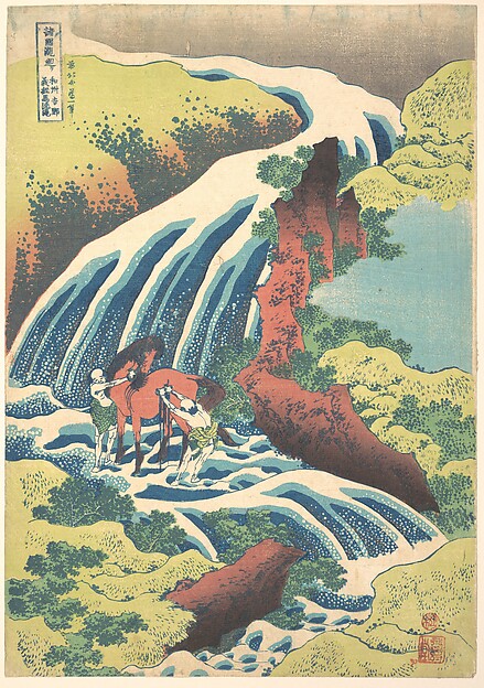 Katsushika Hokusai, “The Waterfall Where Yoshitsune Washed His Horse at Yoshino in Yamato Province,” from the series A Tour of Waterfalls in Various Provinces