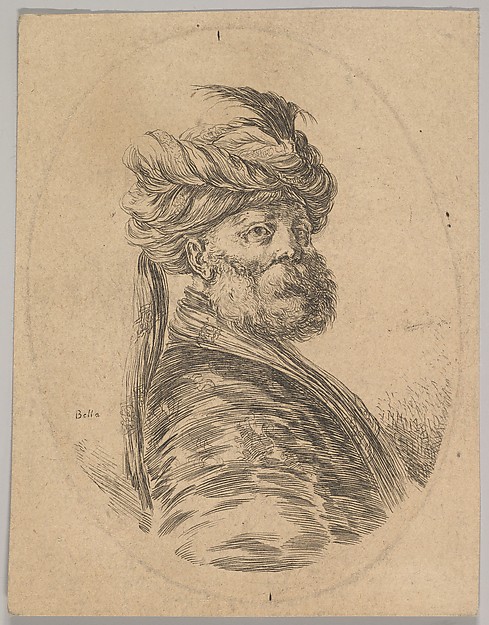 Stefano della Bella, A Turkish man with a beard and turban with one long feather in front, turned three-quarters to the right, from "Several heads in the Persian style" (Plusieurs têtes coiffées à la persienne)