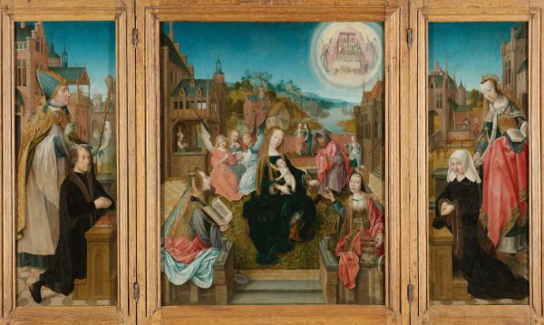 Master of Delft, Triptych with Virgin and Child with Saints (center), male Donor with Saint Martin (left, inner wing), female Donor with Saint Cunera (right, inner wing), and the Annunciation (outer wings)